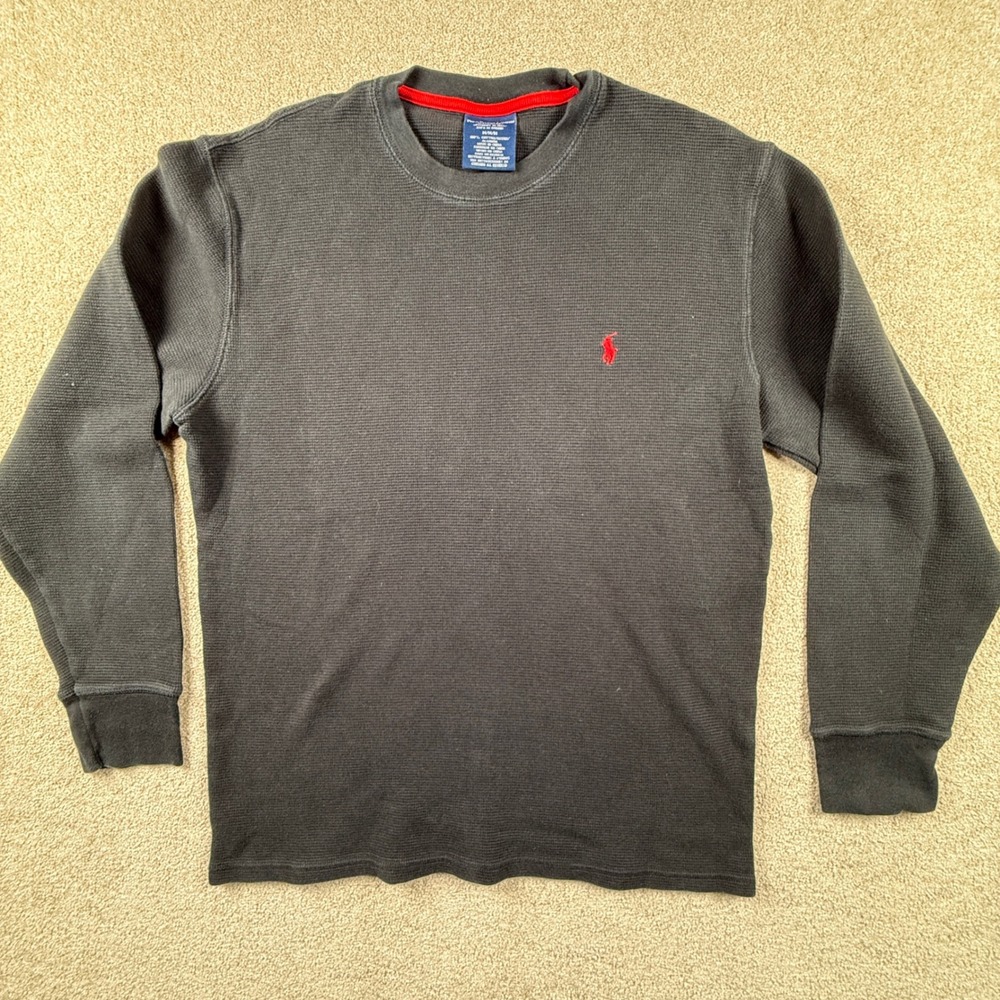 Polo Ralph Lauren Mens Waffle Knit Thermal Long Sleeve Sleep Shirt Black Medium